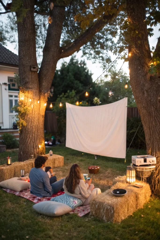 15 a backyard movie night scene with a white pro
