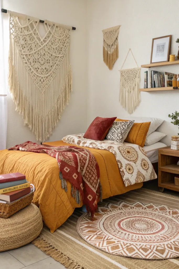 15 a boho dorm room bursting with layered textur