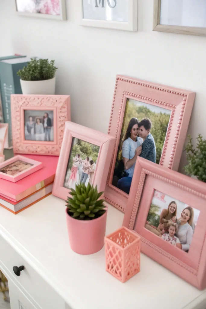 15 a collection of pink picture frames on a desk