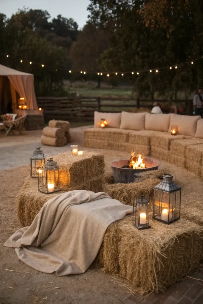15 a cozy fire pit lounge area large hay bales
