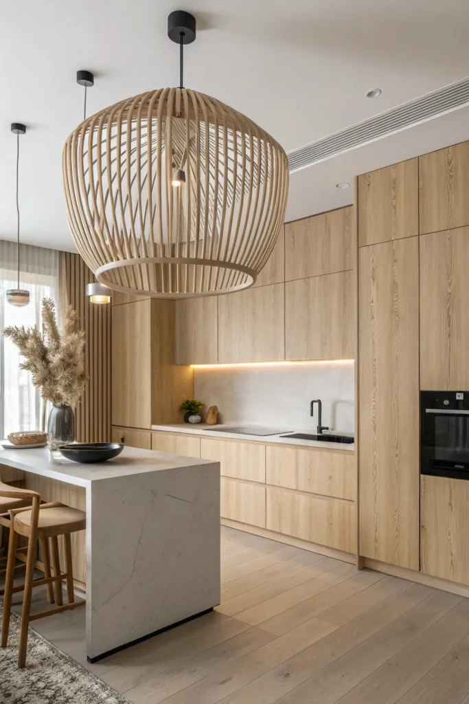 15 a japandi style kitchen with pale wood tones