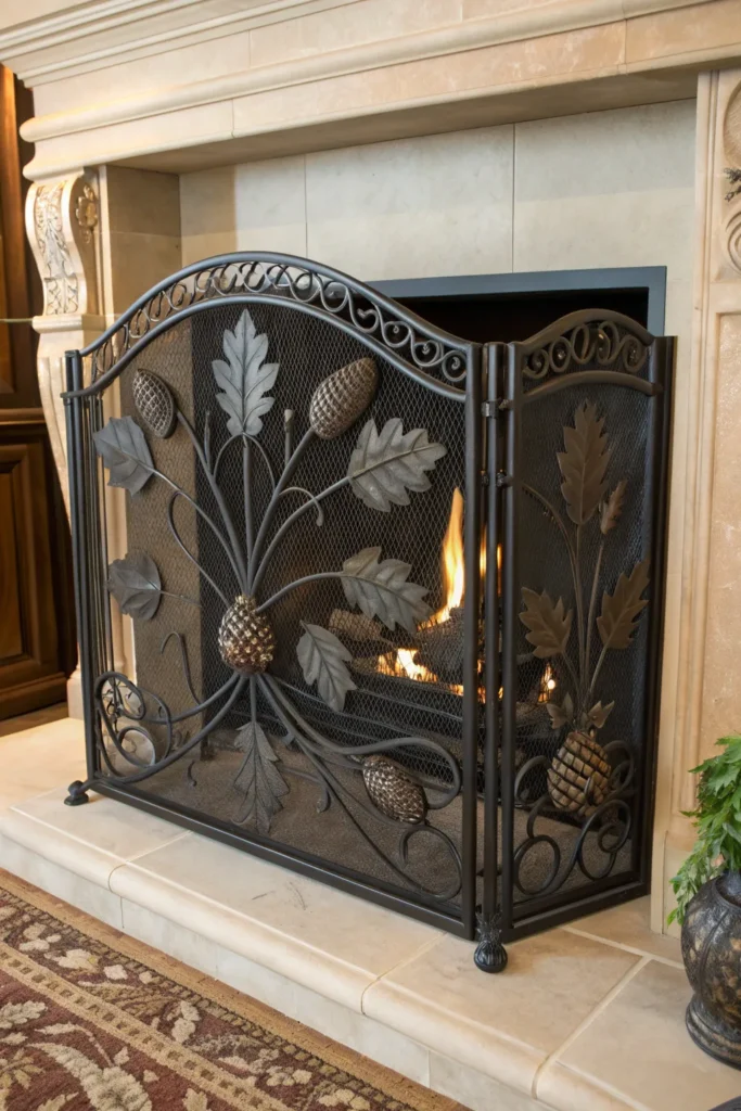 15 a large ornate black metal fire screen with