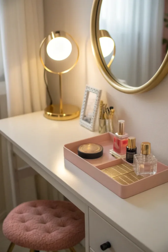 15 a small vanity area on a desk a round gold