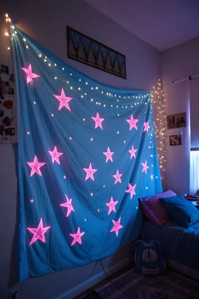 15 blue tapestry on the wall with pink glow in t