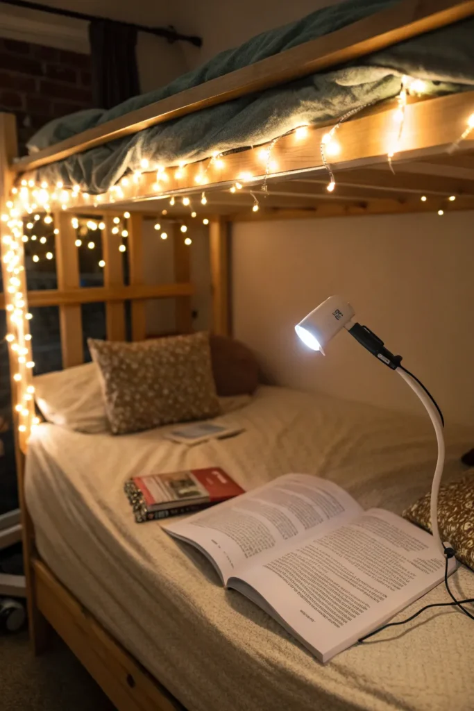 15 dorm bed with bedside lighting string light