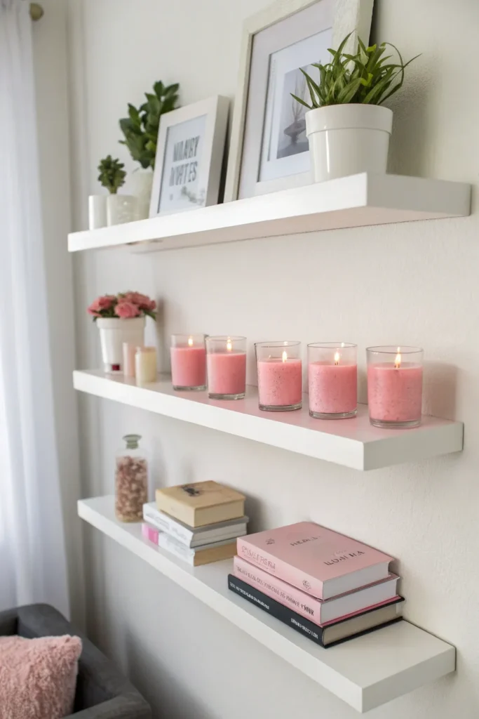 15 white floating shelves with pink candles sma