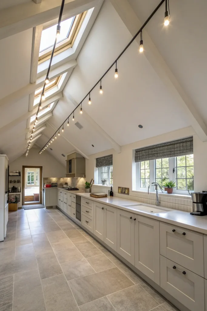16 a kitchen with a high sloped vaulted ceilin