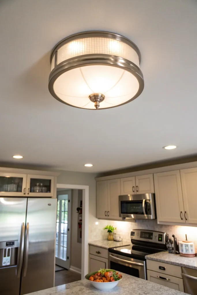 16 a kitchen with a low ceiling a sleek circul