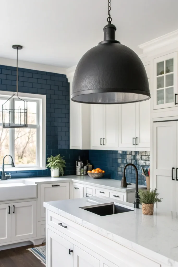 16 a kitchen with white cabinets and a dark blue