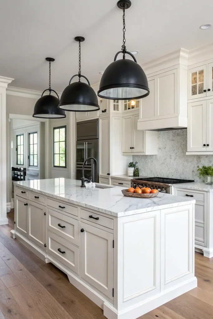 16 a kitchen with white shaker cabinets and a li