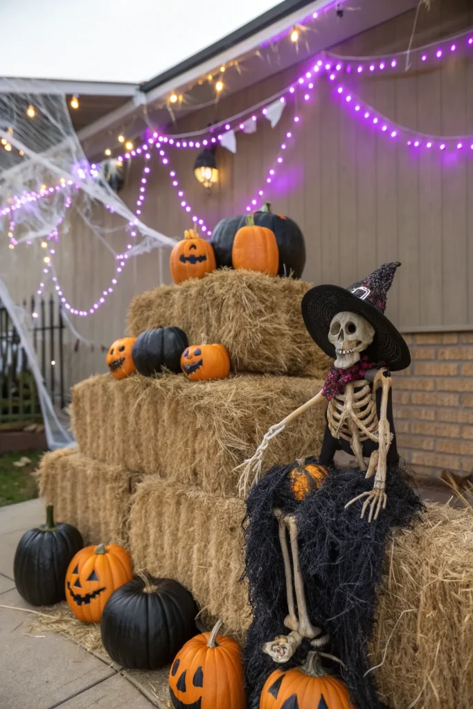 16 a spooky halloween display a stack of hay ba