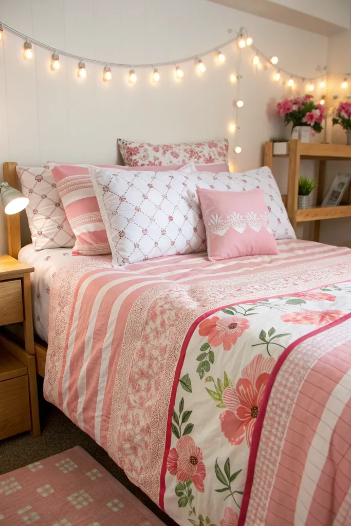 16 dorm bed styled with pink and white patterned