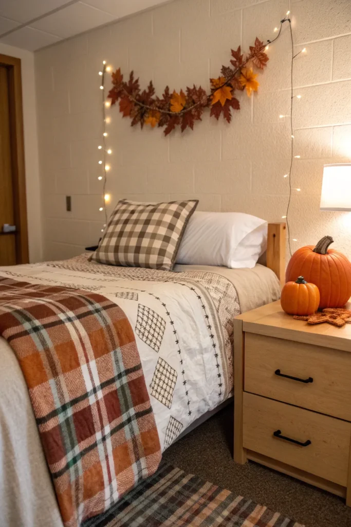 16 dorm bed with seasonal fall accents plaid b