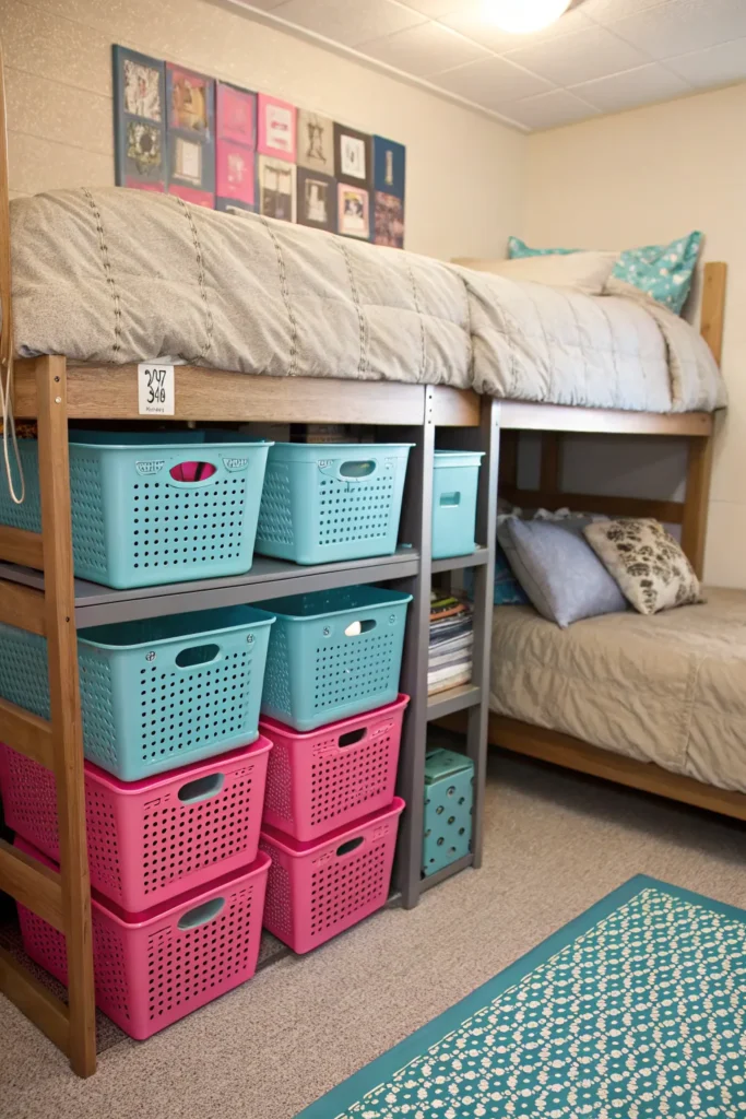 16 dorm storage setup with pink bins under the b