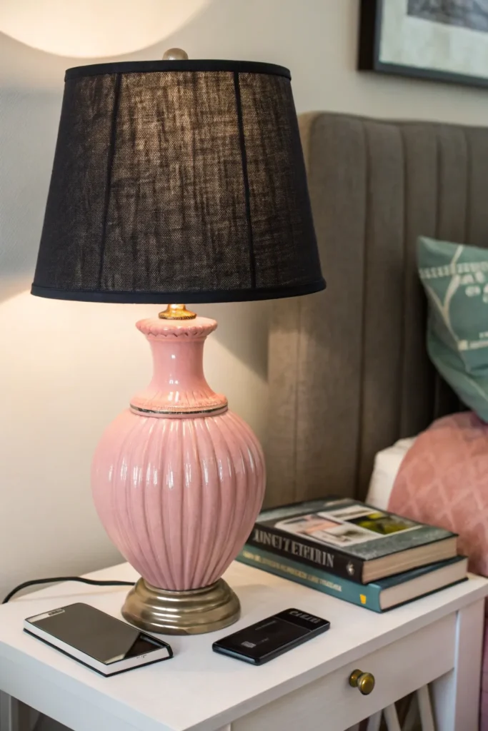 17 a bedside table with a pink ceramic base lamp