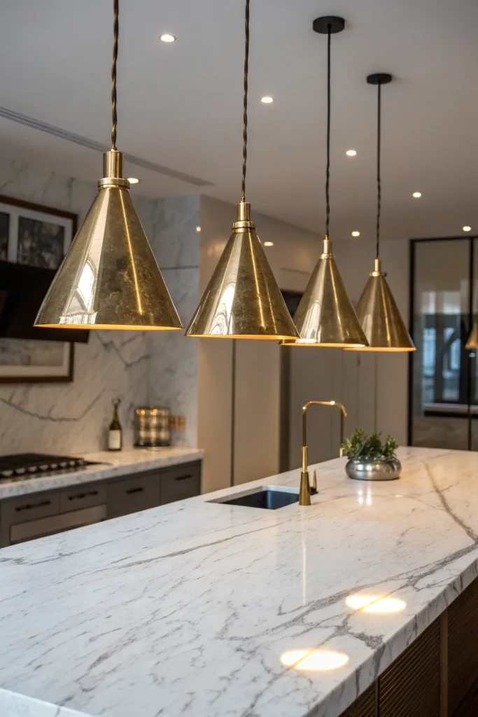 17 a marble topped kitchen island three identic