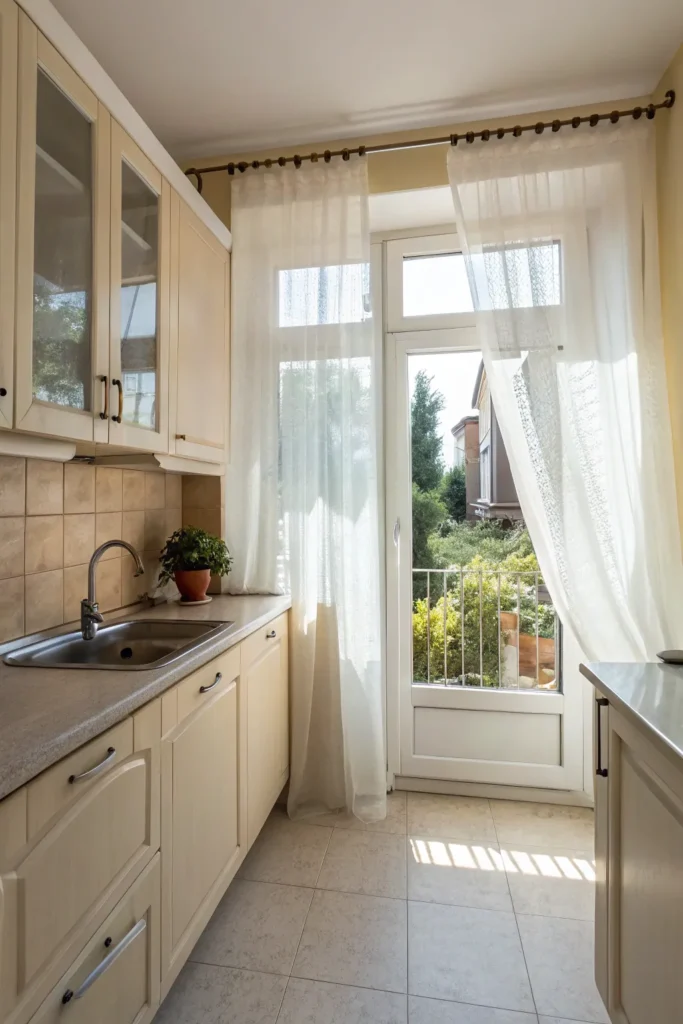 17 a small kitchen with a large window sheer w