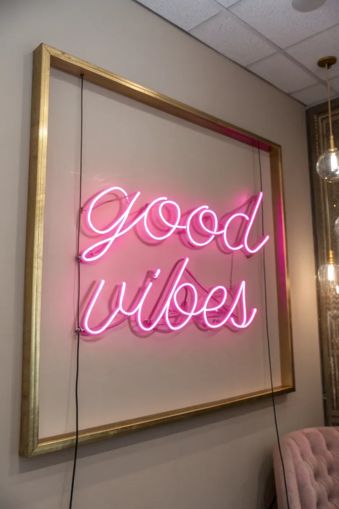 17 a wall featuring a custom pink neon sign that