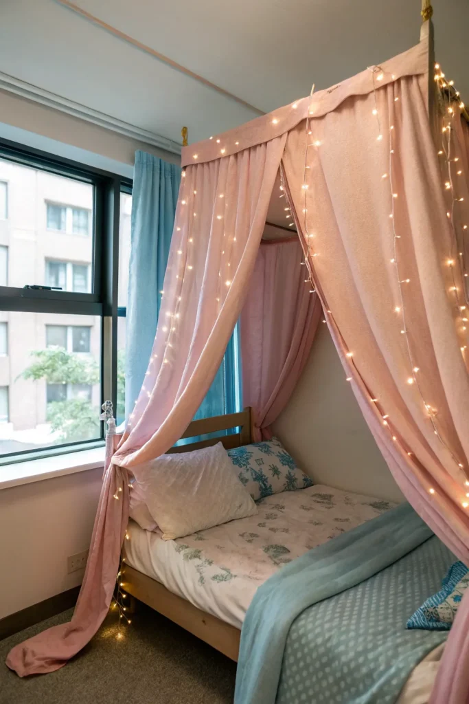 17 dorm bed with a soft pink canopy draped overh
