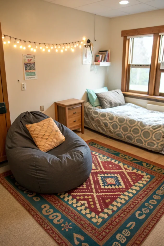 17 dorm lounge area bean bag and small futon n