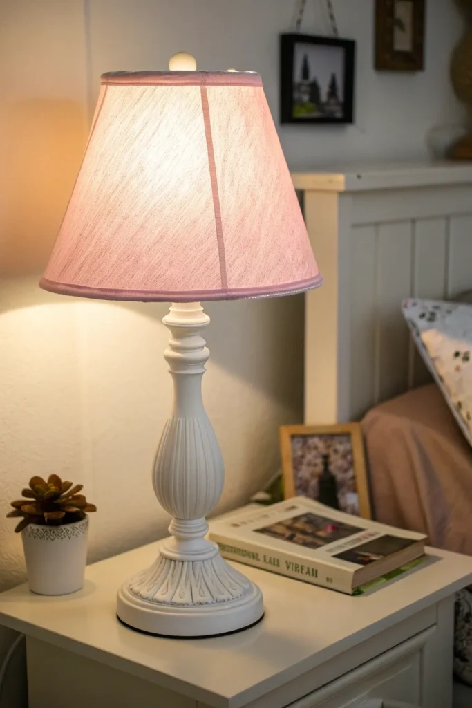 17 white lamp with soft pink shade on dorm desk