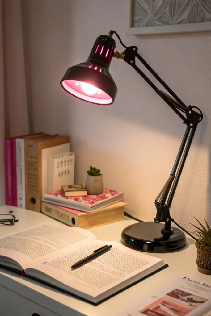 18 a black adjustable arm desk lamp on a study