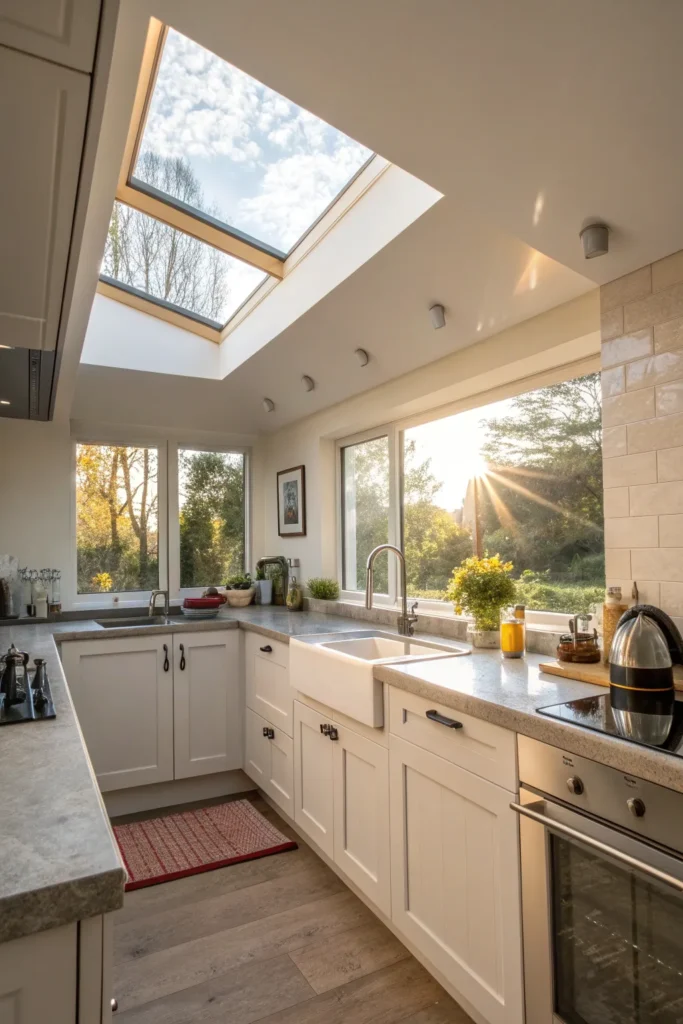 18 a kitchen with a skylight directly above the