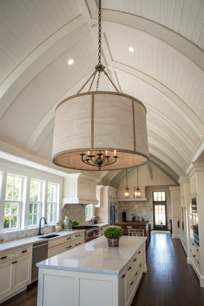 18 a kitchen with high vaulted ceilings an ove