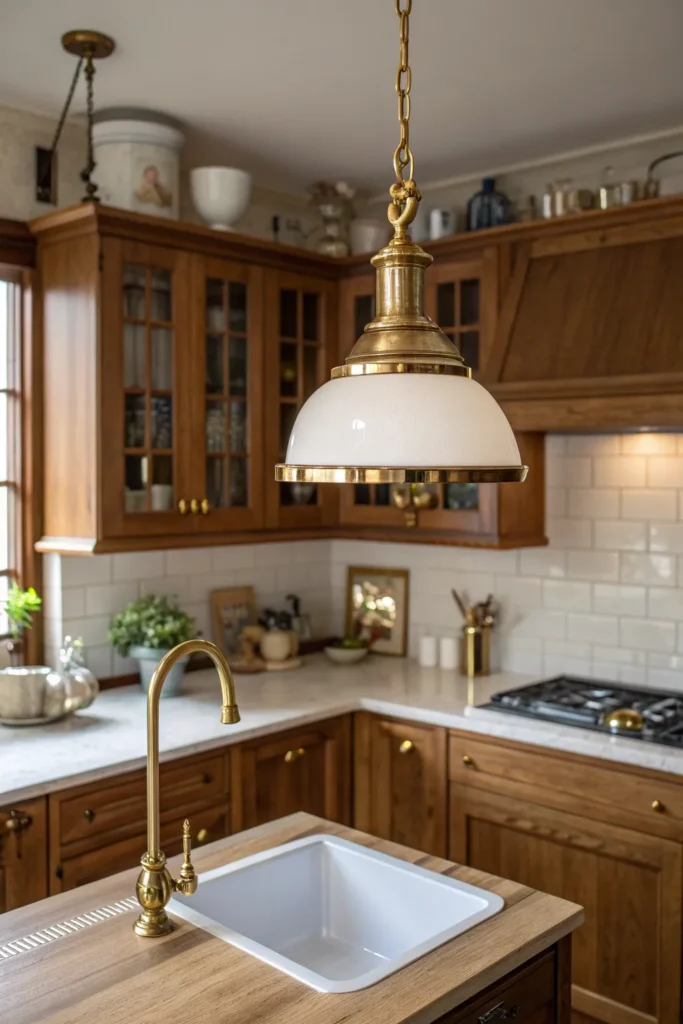 18 a kitchen with warm wood tones and brass hard