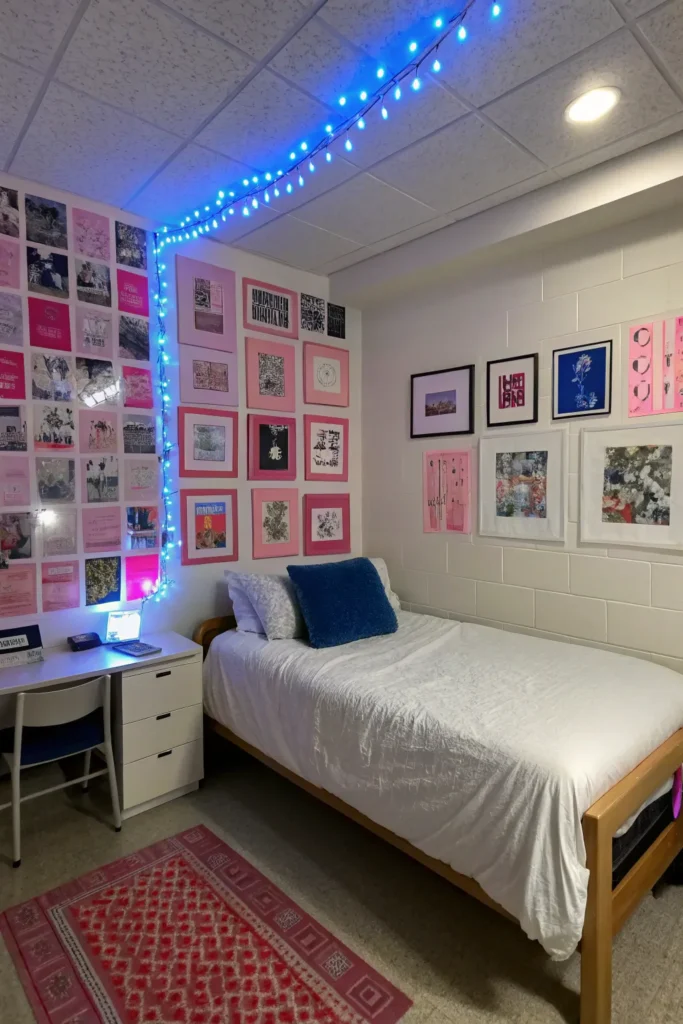 18 pink art prints covering one wall in a dorm