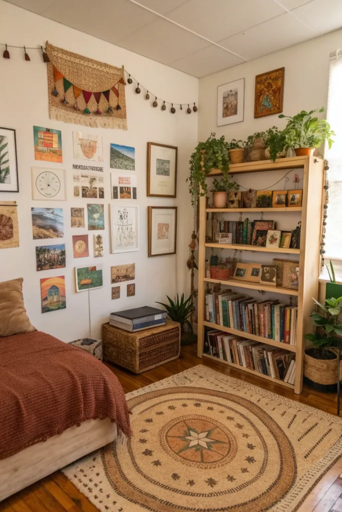19 a busy layered dorm room full of life and de