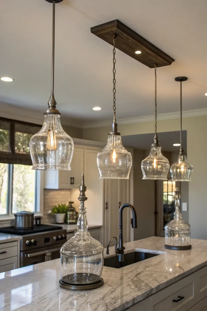 19 a kitchen island with three identical glass p