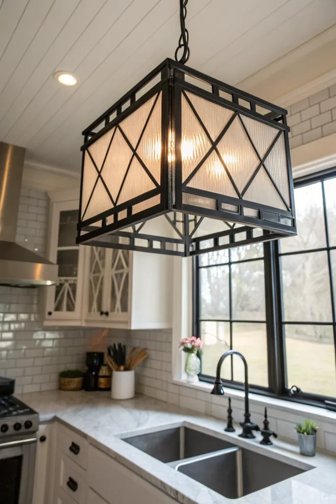 19 a kitchen with a bold art deco inspired ligh