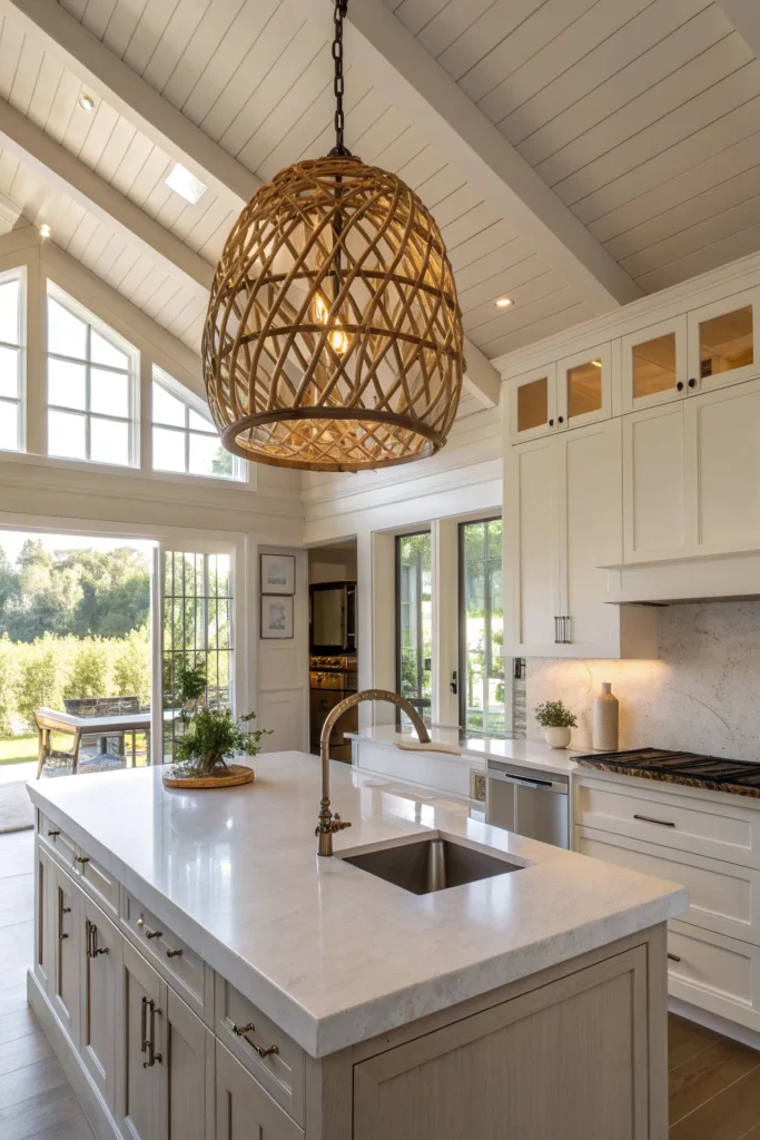 19 a kitchen with high ceilings and a large isla