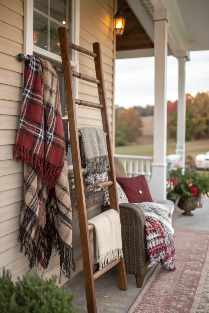 19 a tall wooden blanket ladder on a covered po
