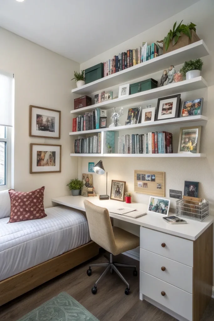 19 dorm with floating shelves books framed ph