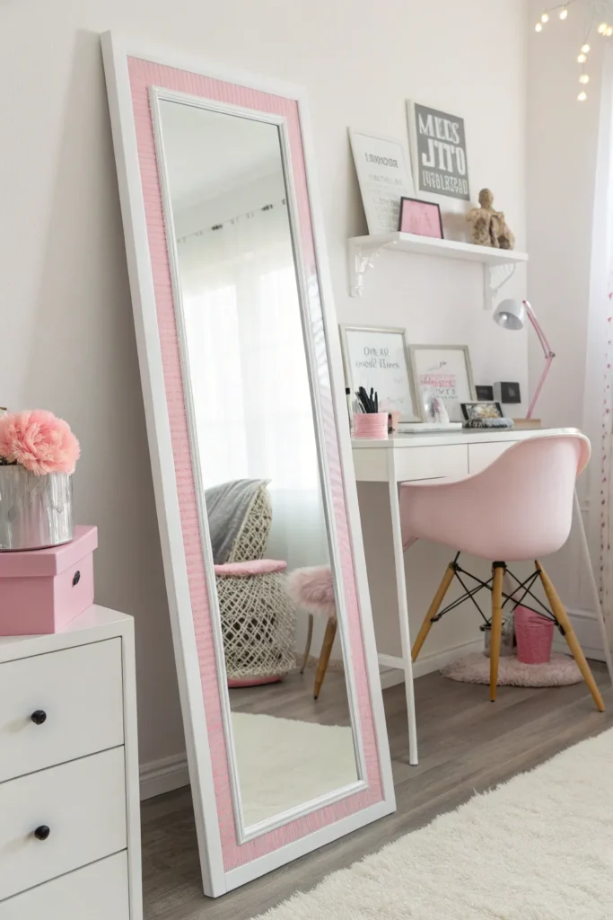 19 full length white framed mirror with pink tri