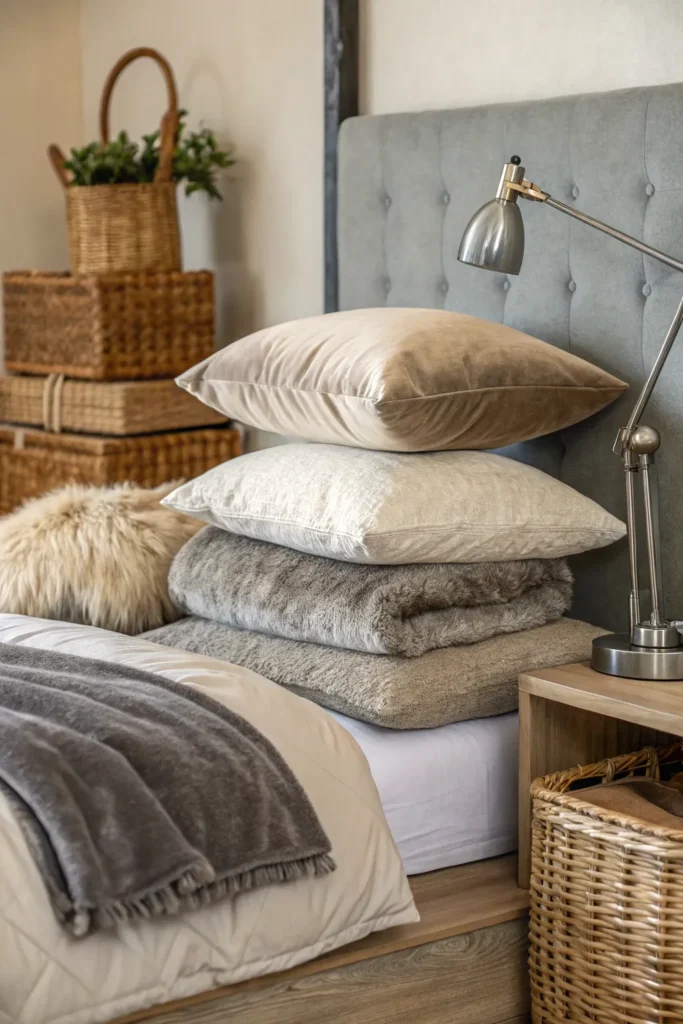 19 layered dorm bed with mix of velvet linen a