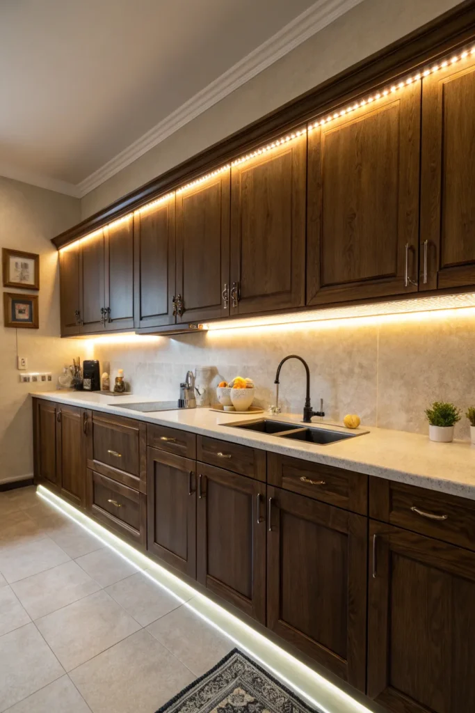 2 a cozy kitchen with dark wood cabinets a cont