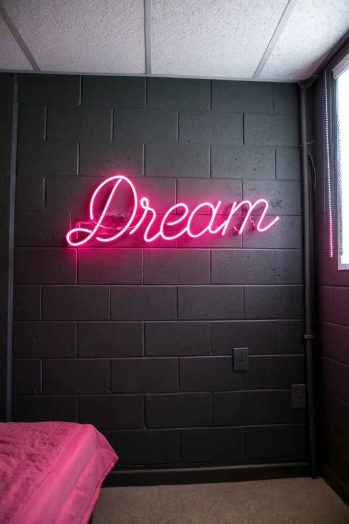 2 a dark charcoal grey dorm wall serving as the