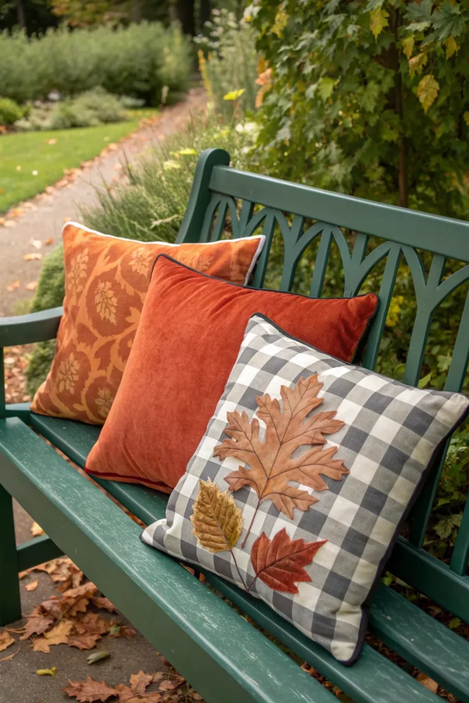 2 a green painted bench adorned with three throw