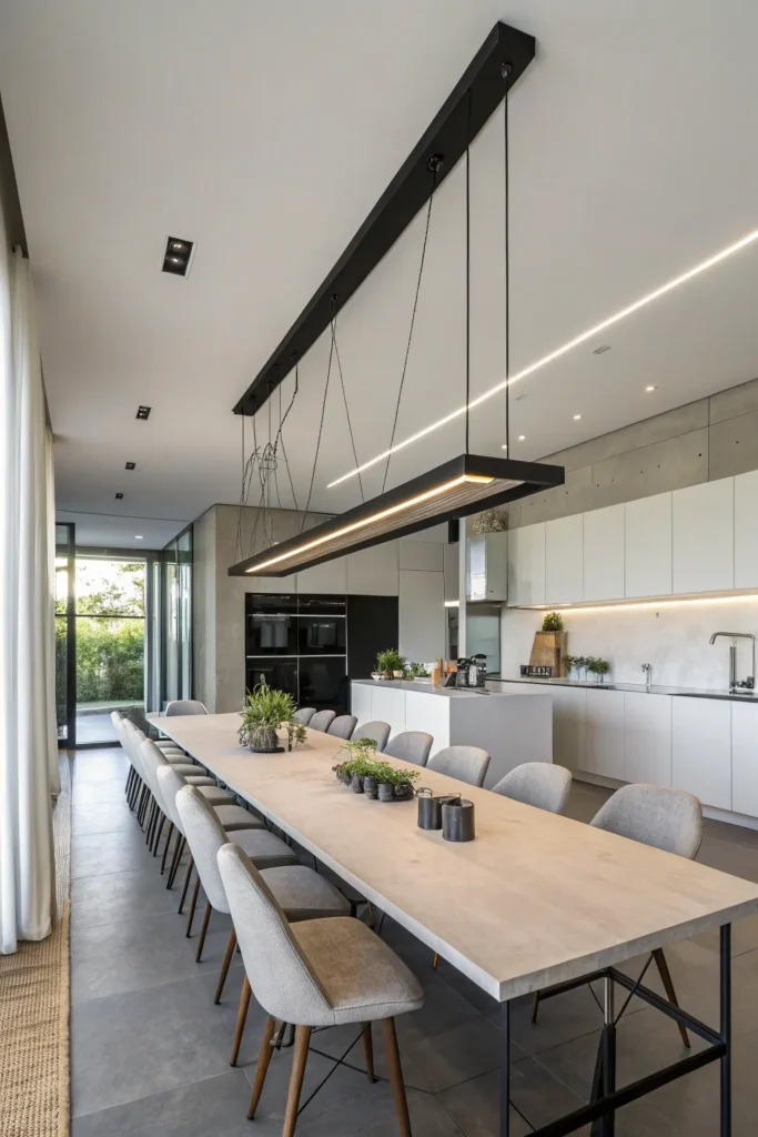 2 a long modern dining table in an open plan ki