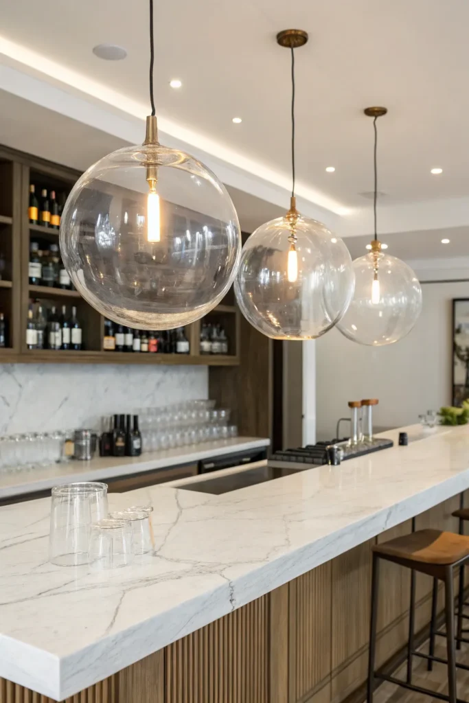 2 a modern kitchen bar with a white marble count