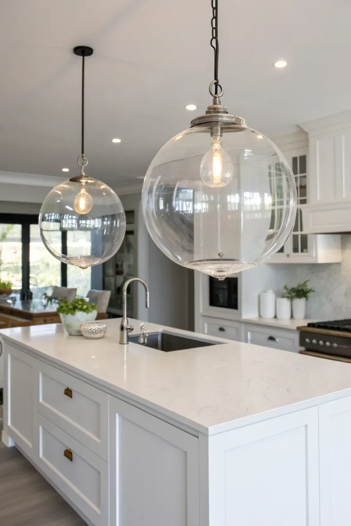 2 a modern minimalist kitchen with a white isla