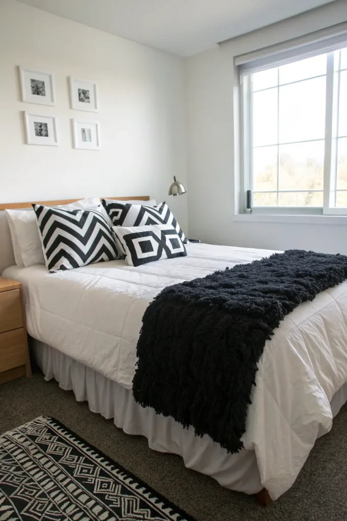 2 a neatly styled dorm bed with black and white
