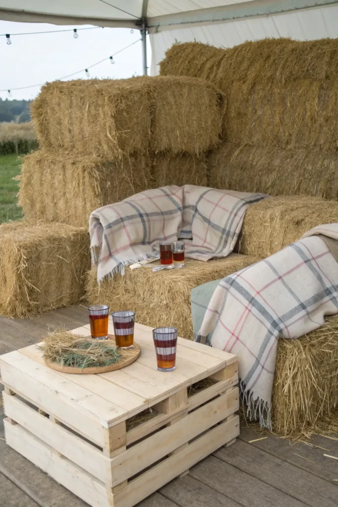 2 a rustic seating area with three large hay bal