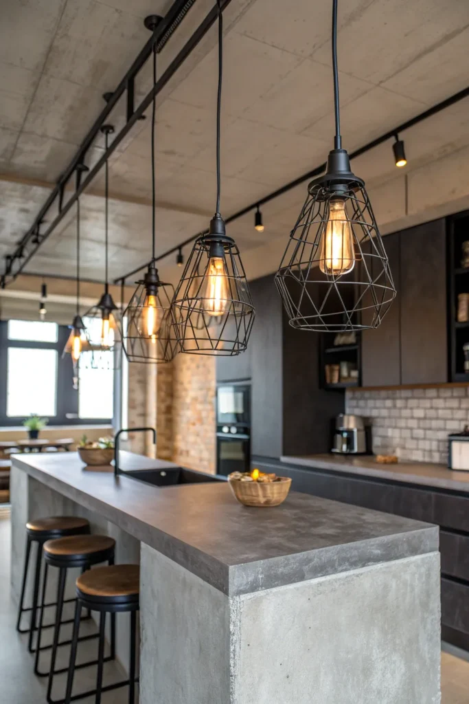 2 an industrial loft kitchen with a concrete isl