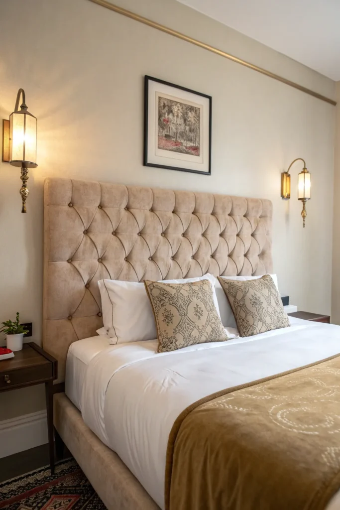 2 dorm bed with a tufted beige velvet headboard