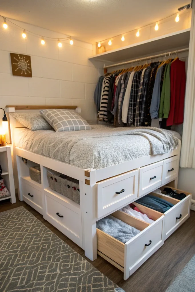 2 dorm bed with storage drawers underneath whi