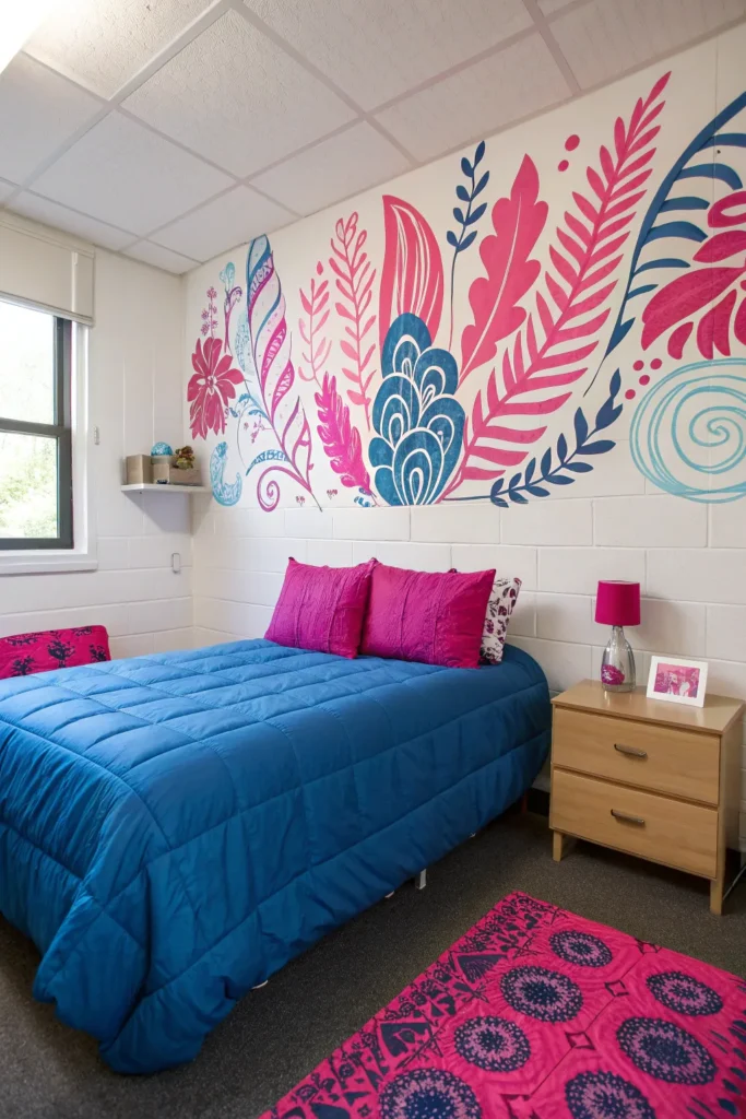 2 dorm room with bold hot pink pillows on a roya